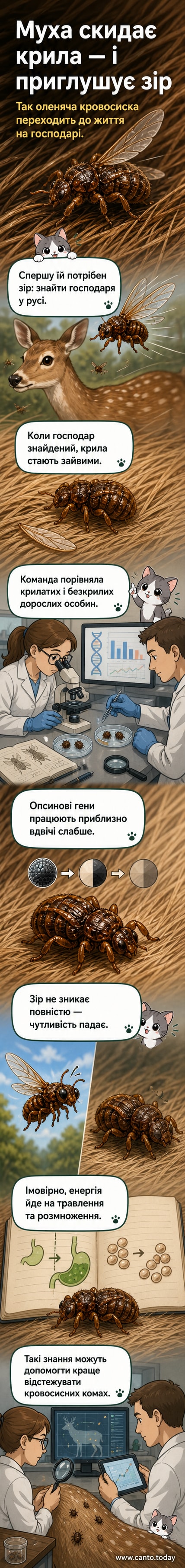 Ілюстрація оленячої кліщової мухи: літаюча форма поруч із формою без крил, що сидить на шкірі оленя, зі схемою зниження зорової чутливості.