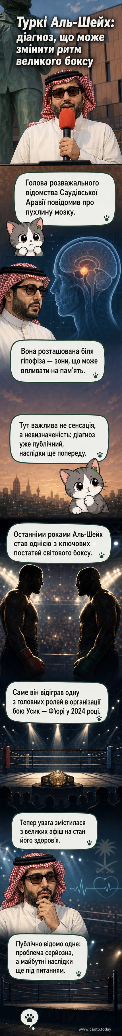 Ілюстрація: Туркі Аль-Шейх стоїть на рингу зі зображенням пухлини в області голови, фон — силуети боксерів Усика і Ф'юрі.