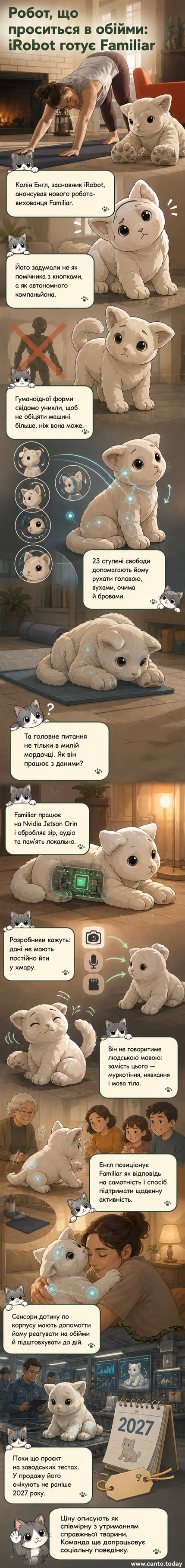 Робот у формі собаки зі штучним хутром сидить на підлозі, його очі та вуха виразно рухаються, передаючи емоцію