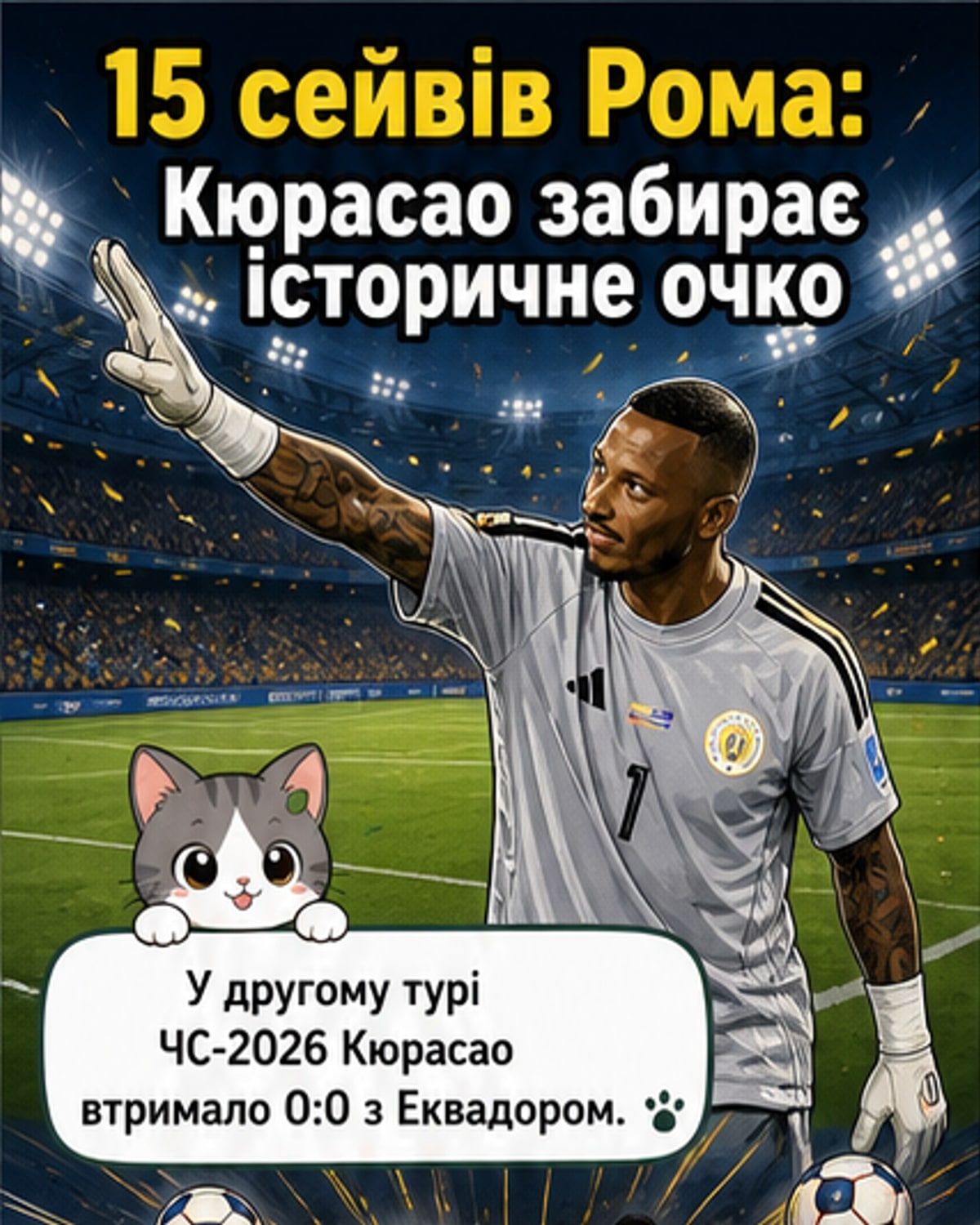 Футбольний воротар у жовто-блакитній формі відбиває м’яч під час матчу чемпіонату світу, навколо — повні трибуни