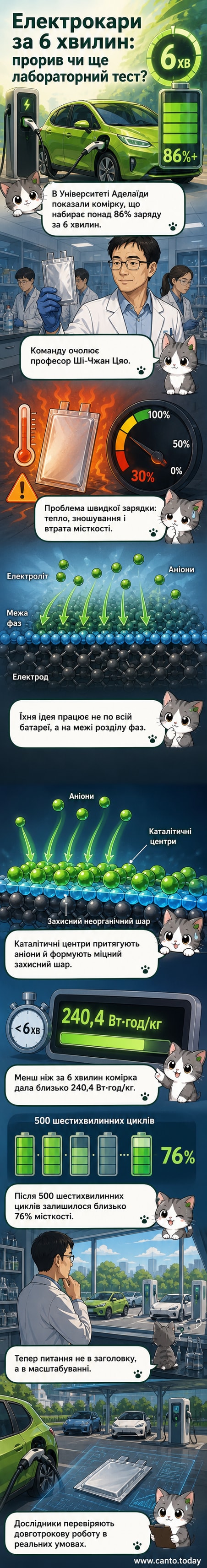 Ілюстрація науковців, що демонструють нову технологію швидкого заряджання акумуляторів для електрокарів, з графіком швидкості зарядки та моделлю молекулярної динаміки.