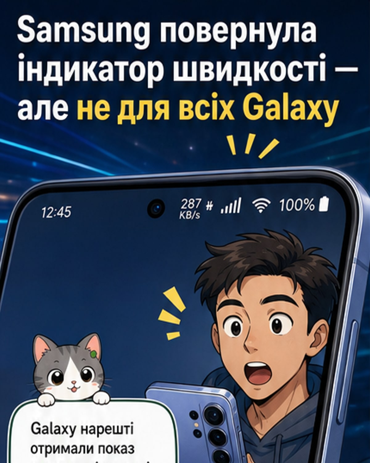Смартфон Samsung Galaxy з індикатором швидкості інтернету в рядку стану