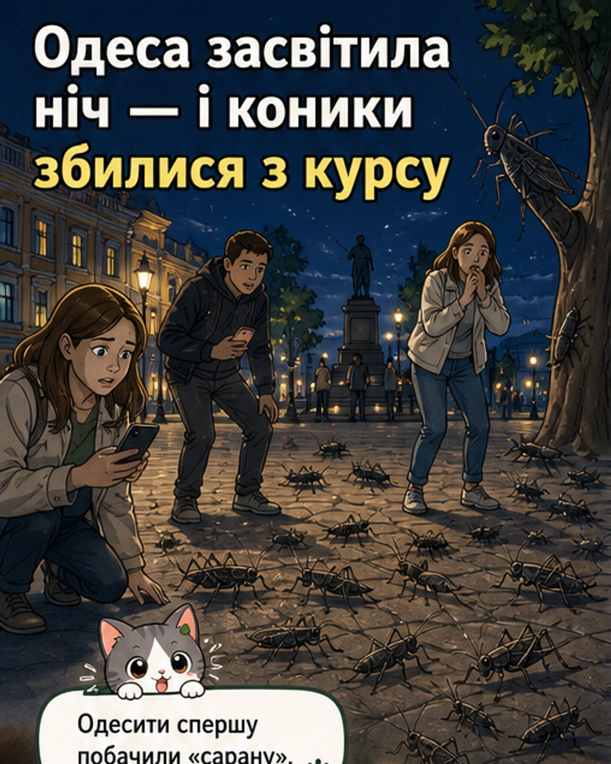 Тисячі сірих коників на тротуарі в одеському парку, люди дивуються, що це не сарана, а комахи, збите з курсу світлом міста