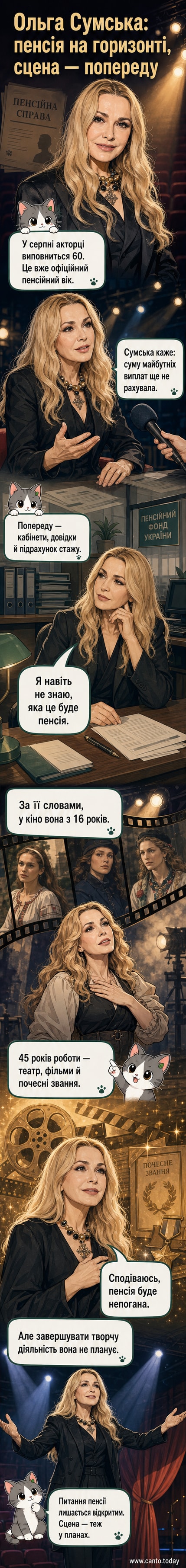 Акторка Ольга Сумська на сцені, зі сріблястим волоссям, у теплій посмішці — ілюстрація до роздумів про пенсію після 45 років у кіно.