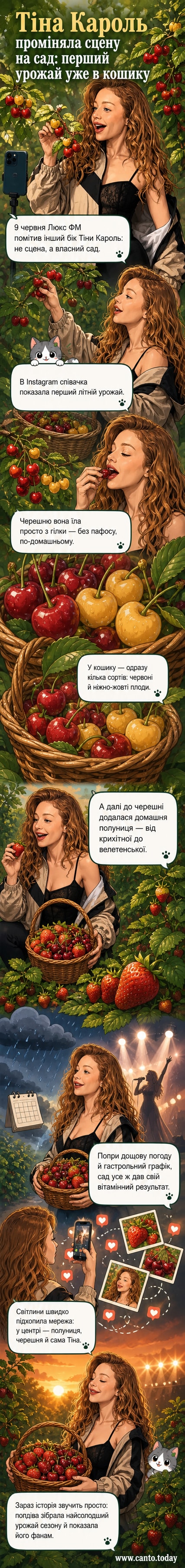 Тіна Кароль з кошиком черешні та полуниці в саду, тримає гілку з ягодами