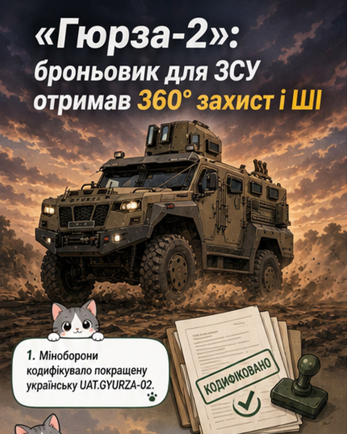 Фотографія модернізованого українського бронеавтомобіля «Гюрза-2» з круговим захистом, високим дорожнім просвітом і сучасними камерами спостереження.