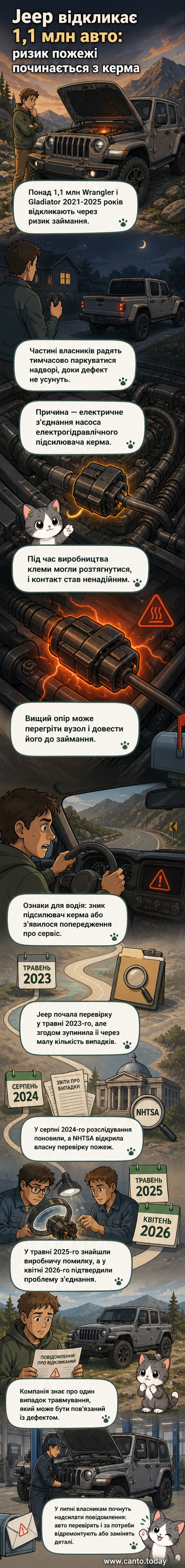 Стилізований малюнок двох позашляховиків Jeep Wrangler і Gladiator з позначкою попередження про пожежу в моторному відсіку, на тлі — схема електричного роз’єму з дефектом