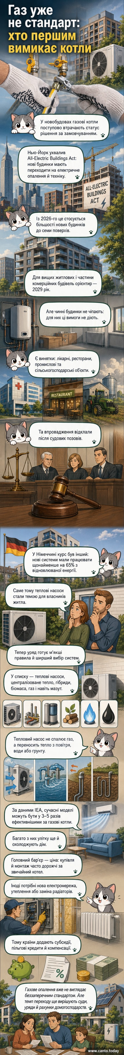 Ілюстрація теплового насоса, який використовує енергію з ґрунту та повітря для опалення будинку, порівняно з традиційним газовим котлом