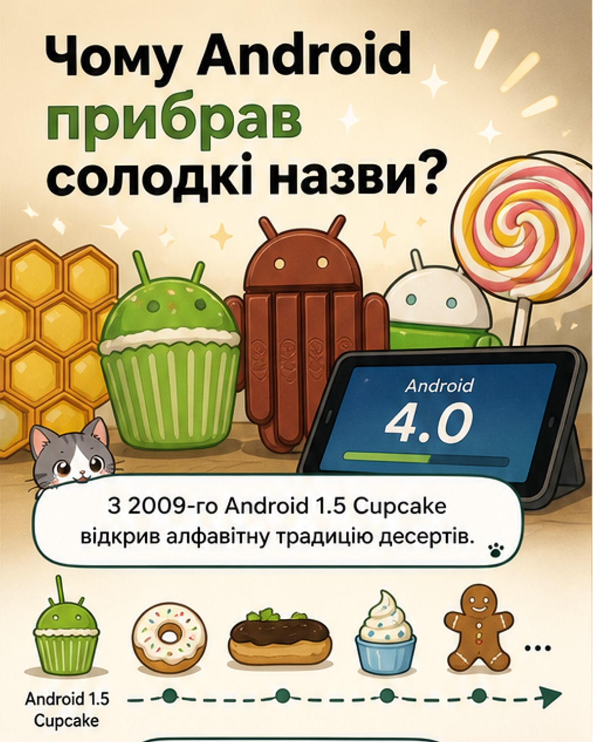 Ілюстрація: телефон з логотипом Android, навколо — стилізовані десерти, що поступово замінюються цифрами.