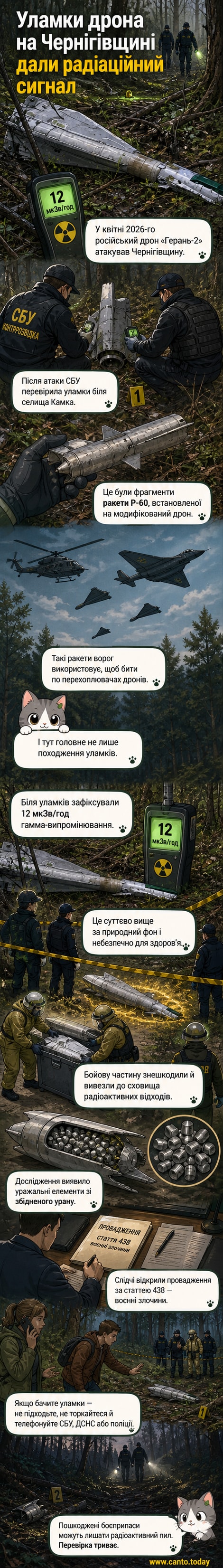 Фото уламків російського дрона на полі під Камкою, де виявили підвищений рівень радіації. На екрані детектора — високі показники гамма-випромінювання.
