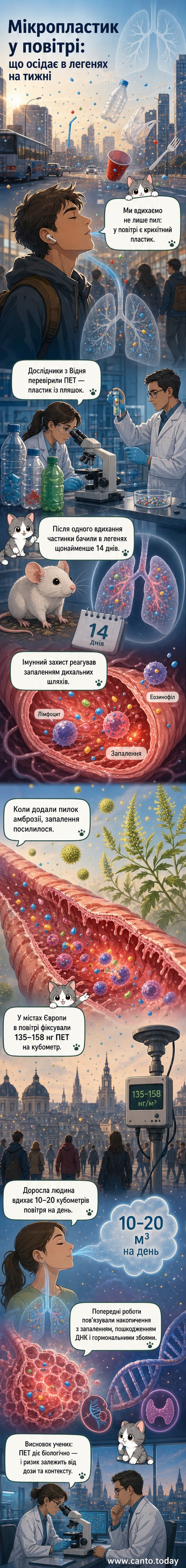 Ілюстрація: людина в місті вдихає повітря, у якому видно мікропластикові частинки, що потрапляють у легені