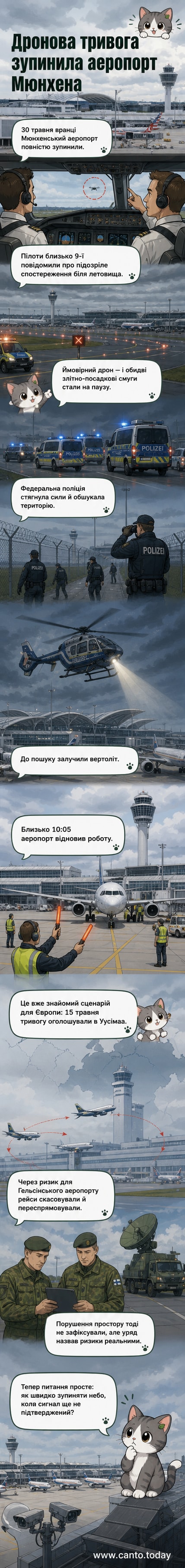 Ілюстрація: аеропорт Мюнхена, поліцейські на місці події, вертоліт у небі, пасажири чекають на інформацію