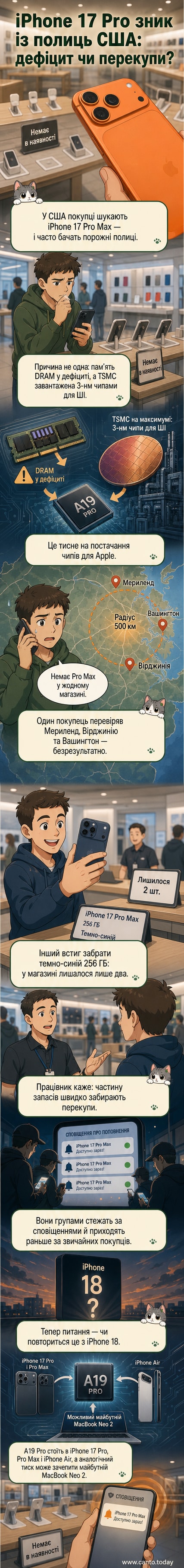 Ілюстрація порожньої полиці в магазині Apple з позначкою iPhone 17 Pro Max, тлумуща черга покупців і піктограми чіпів та пам’яті зі знаком питання