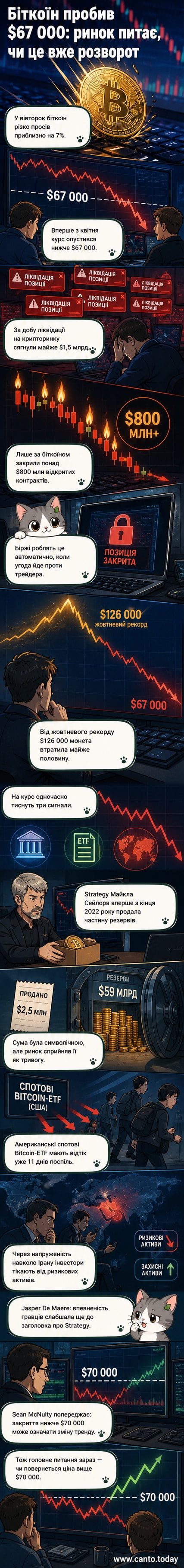 Ілюстрація падіння курсу біткоїну нижче $67 000 на фоні графіків та новинних заголовків про відтік із ETF та геополітичну напруженість.