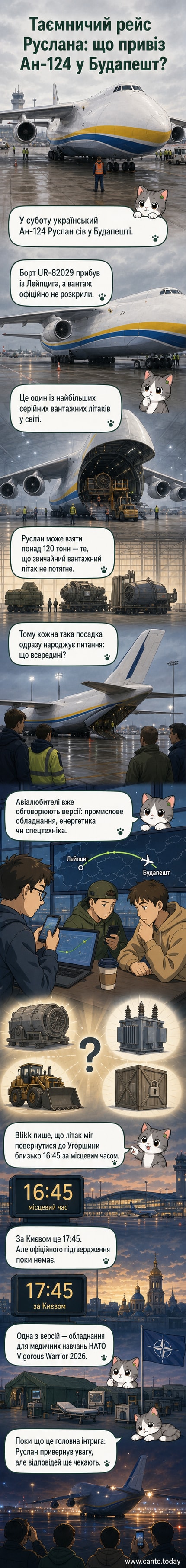 Фото літака Ан-124 «Руслан» під час посадки в аеропорту Будапешта, вид збоку, синє небо, асфальтова смуга