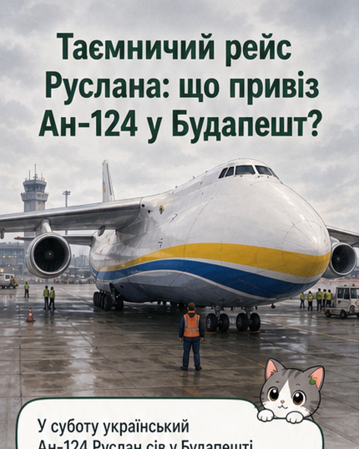 Фото літака Ан-124 «Руслан» під час посадки в аеропорту Будапешта, вид збоку, синє небо, асфальтова смуга