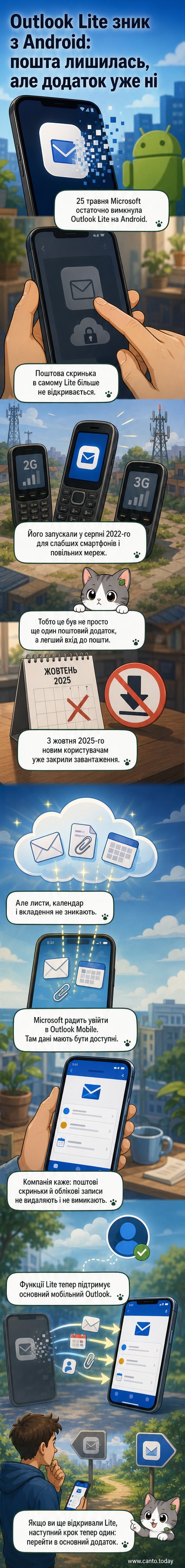 Іконка додатка Outlook Lite з червоним хрестом, що символізує припинення підтримки, на тлі Android-смартфона