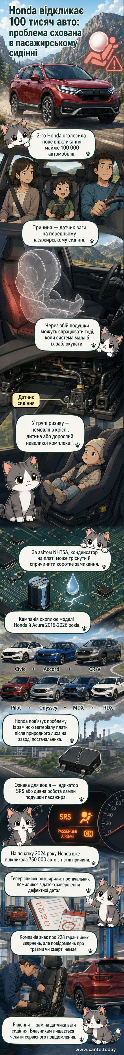 Схематичне зображення автомобіля Honda з підкресленим переднім пасажирським сидінням і датчиком ваги, де показано тріщину в електронній платі.