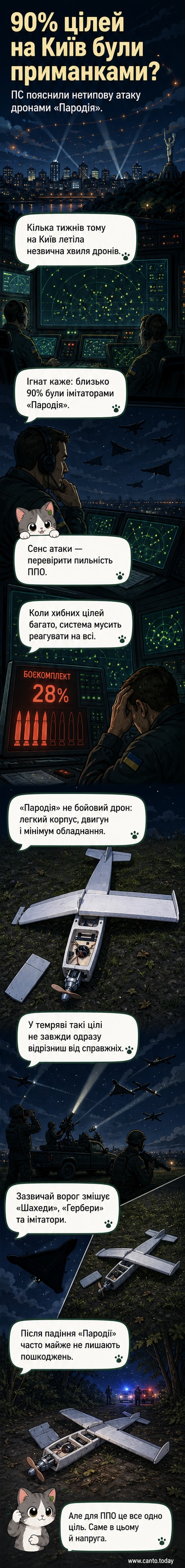 Схематичне зображення дрона-імітатора «Пародія» з пінопласту серед реальних бойових безпілотників, тлумачення тактики масованої атаки з хибними цілями