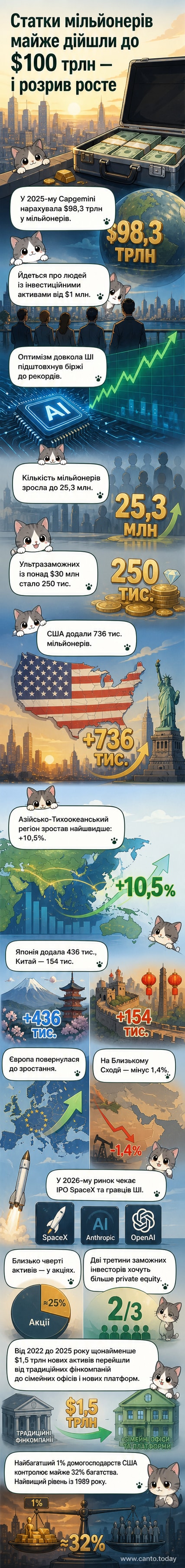 Ілюстрація: глобус із золотими лініями з'єднання між багатими регіонами, фондові графіки та символи штучного інтелекту.