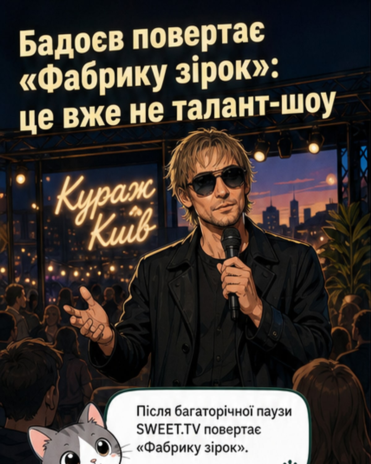 Алан Бадоєв на презентації нового сезону «Фабрики зірок», стоячи на фоні великого логотипу шоу