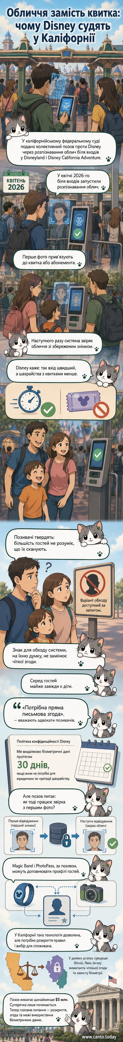 Ілюстрація входу до Діснейленду з камерою розпізнавання облич на фоні знаку з перекресленим силуетом