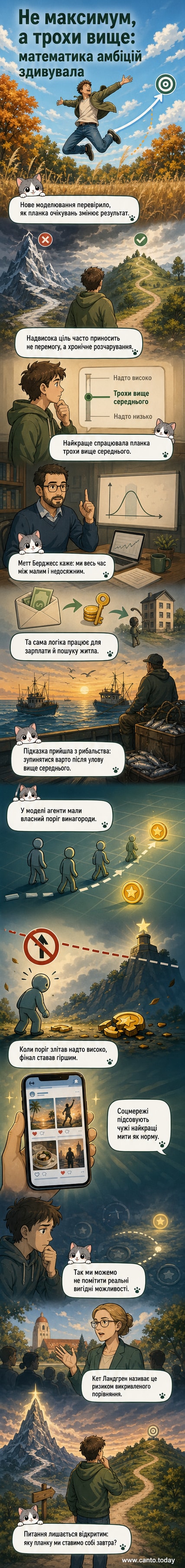 Абстрактна ілюстрація людини, яка стоїть між двома піками — одним помірним, іншим надто високим, з математичними формулами навколо.
