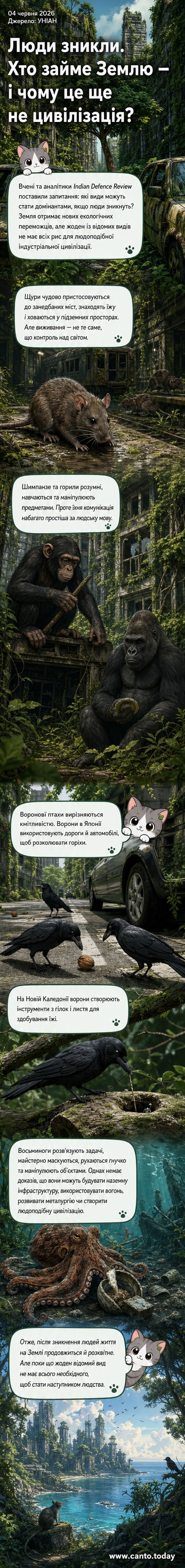Ілюстрація світу без людей: місто, заросле природою, з силуетами щурів, воронів і восьминога серед руїн