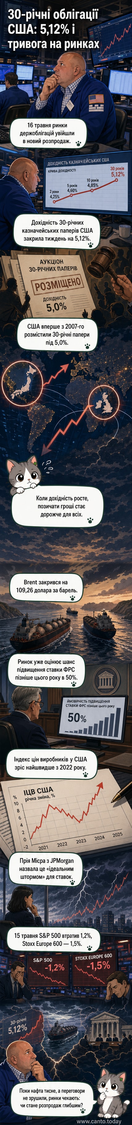 Графік дохідності 30-річних казначейських облігацій США, що сягає позначки 5,12%, на тлі глобального фінансового напруження