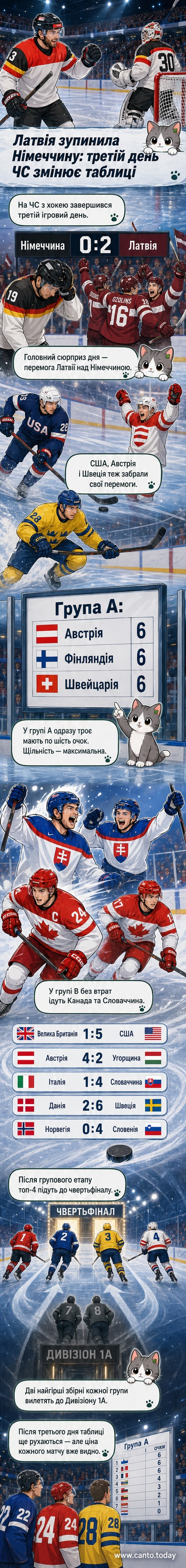 Хокейний м’яч у сітці воріт під час матчу чемпіонату світу, навколо — гравці в формі збірних Латвії та Німеччини