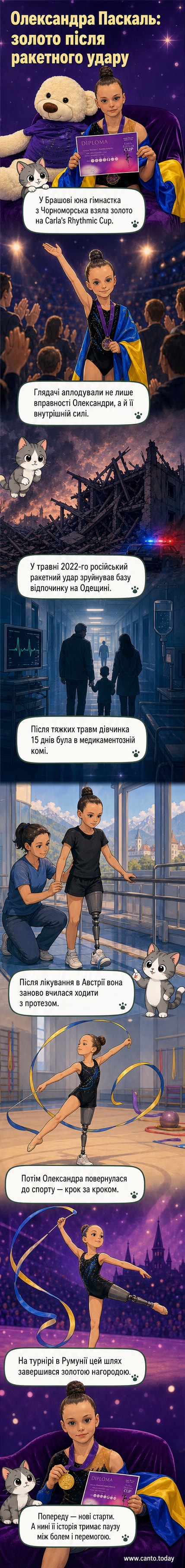 Юна гімнастка Олександра Паскаль стоїть на килимі з медаллю, тло — зал з глядачами в Румунії.
