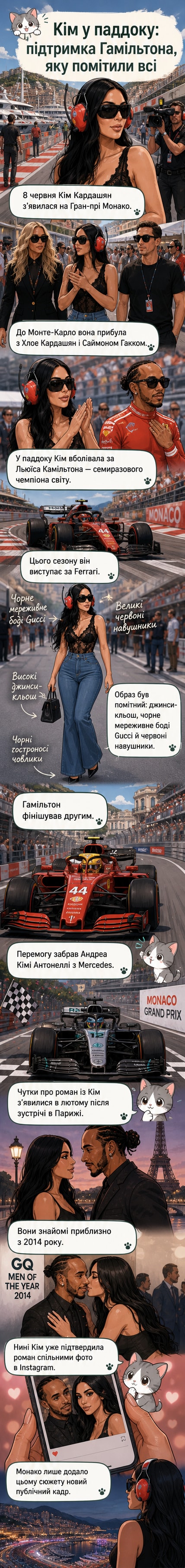 Кім Кардашян у чорному напівпрозорому боді та джинсах стоїть у паддоку Формули-1, оточена папараці.