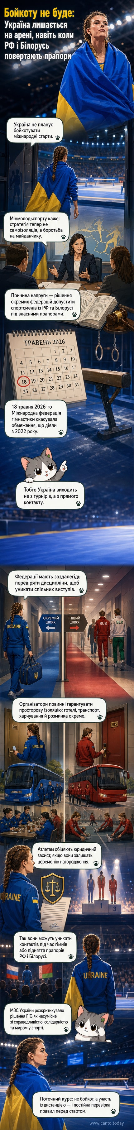 Спортсмени з України на фоні прапорів, із зазначенням умов просторової ізоляції під час міжнародних змагань