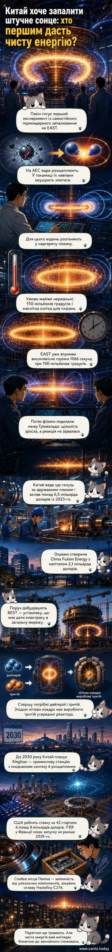 Візуалізація китайського термоядерного реактора EAST у розрізі, що показує внутрішню плазму та магнітні поля, з небесним фоном, нагадуючим Сонце.