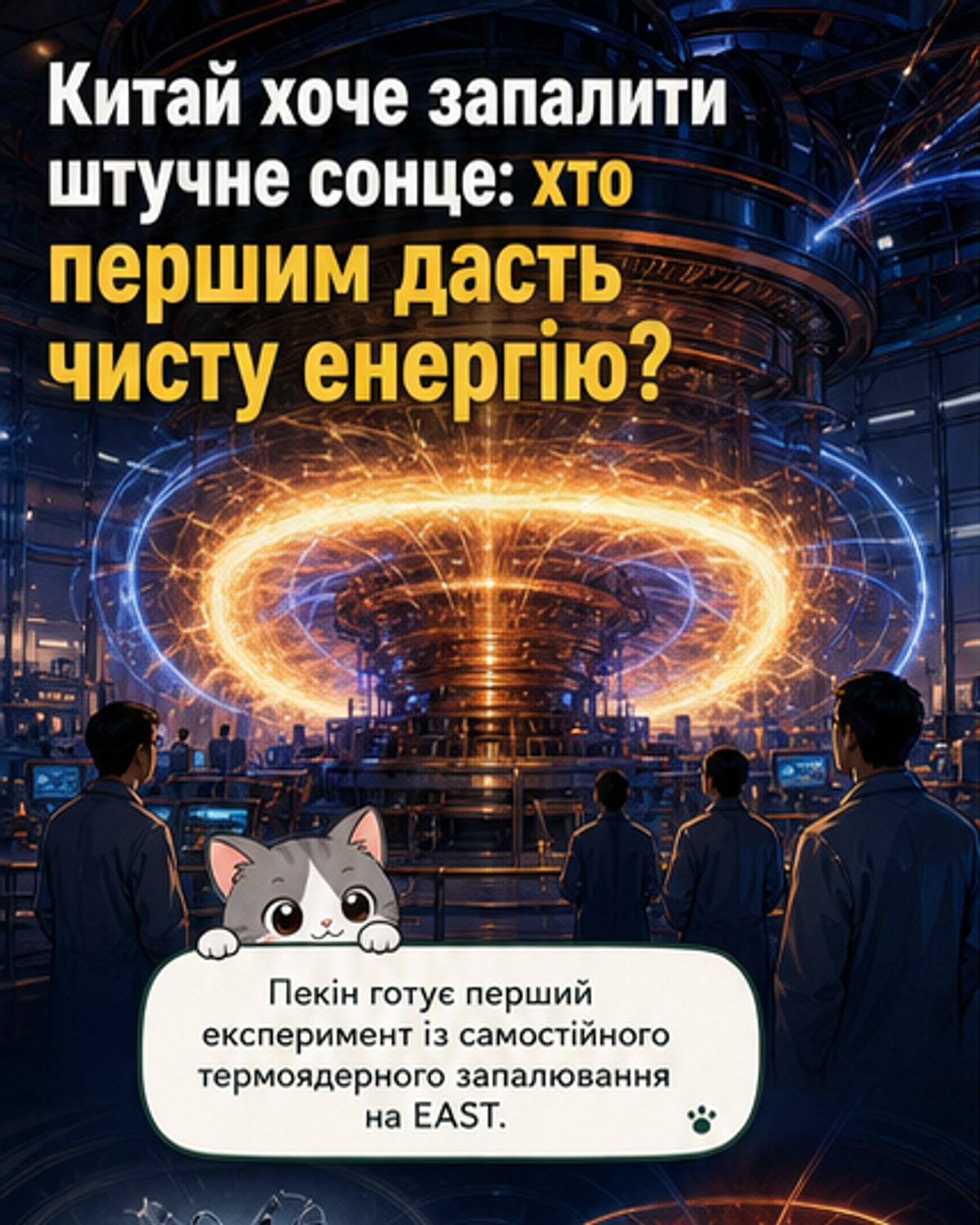 Візуалізація китайського термоядерного реактора EAST у розрізі, що показує внутрішню плазму та магнітні поля, з небесним фоном, нагадуючим Сонце.