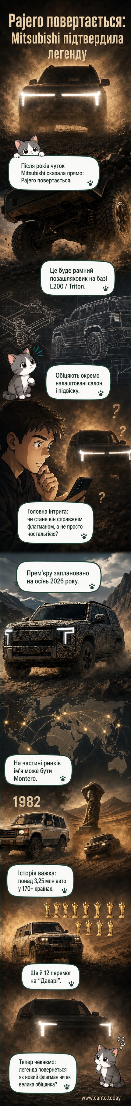 Тизер нового рамного позашляховика Mitsubishi Pajero з видовженими Т-подібними LED-фарами та емблемою на решітці, стилізований як відновлення легенди