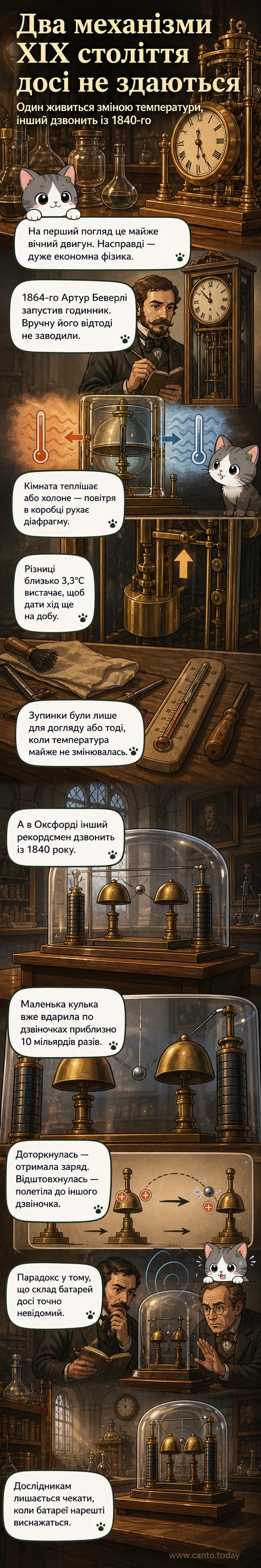 Ілюстрація: старовинний механічний годинник із діафрагмою, що реагує на температуру, та електричний дзвіночок під скляним ковпаком, де кулька перестрибує між двома дзвонами.