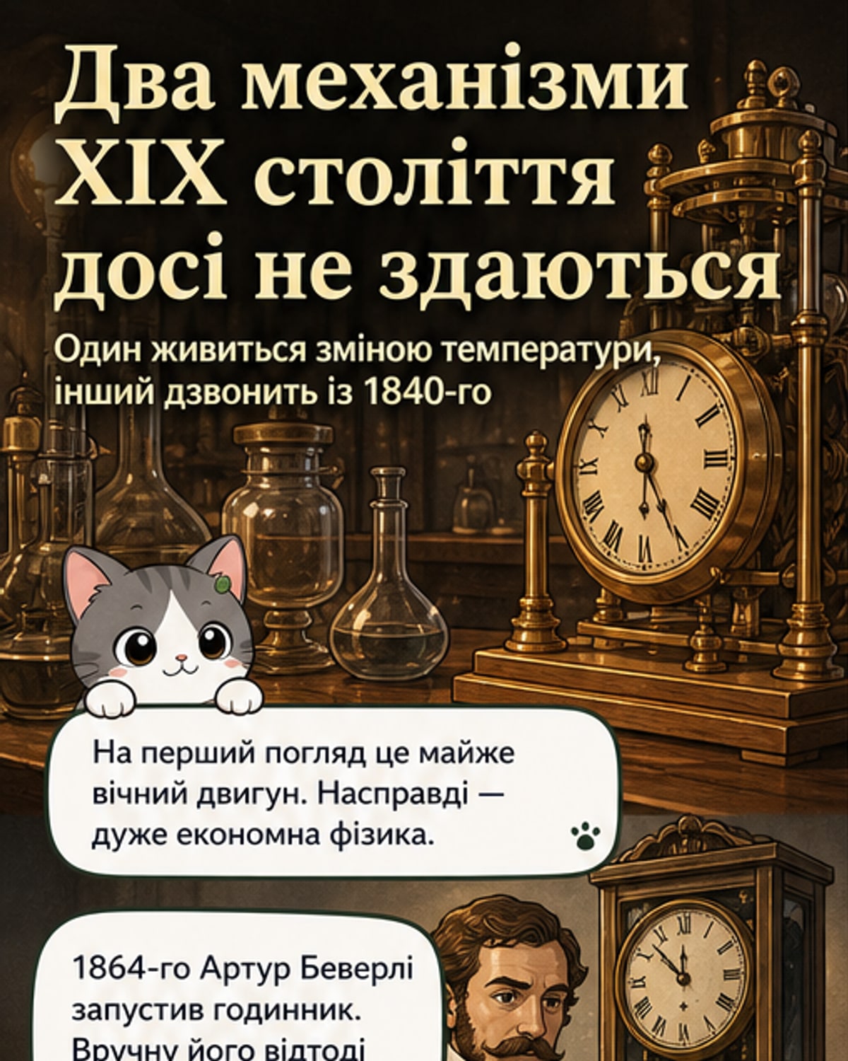 Ілюстрація: старовинний механічний годинник із діафрагмою, що реагує на температуру, та електричний дзвіночок під скляним ковпаком, де кулька перестрибує між двома дзвонами.
