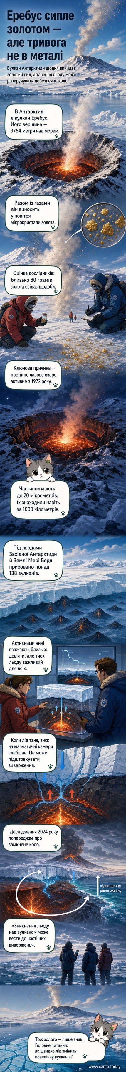 Ілюстрація вулкана Еребус у Антарктиді, з якого в небо піднімається чорний дим із золотистими частинками, тоді як навколо — танучі льодовики.