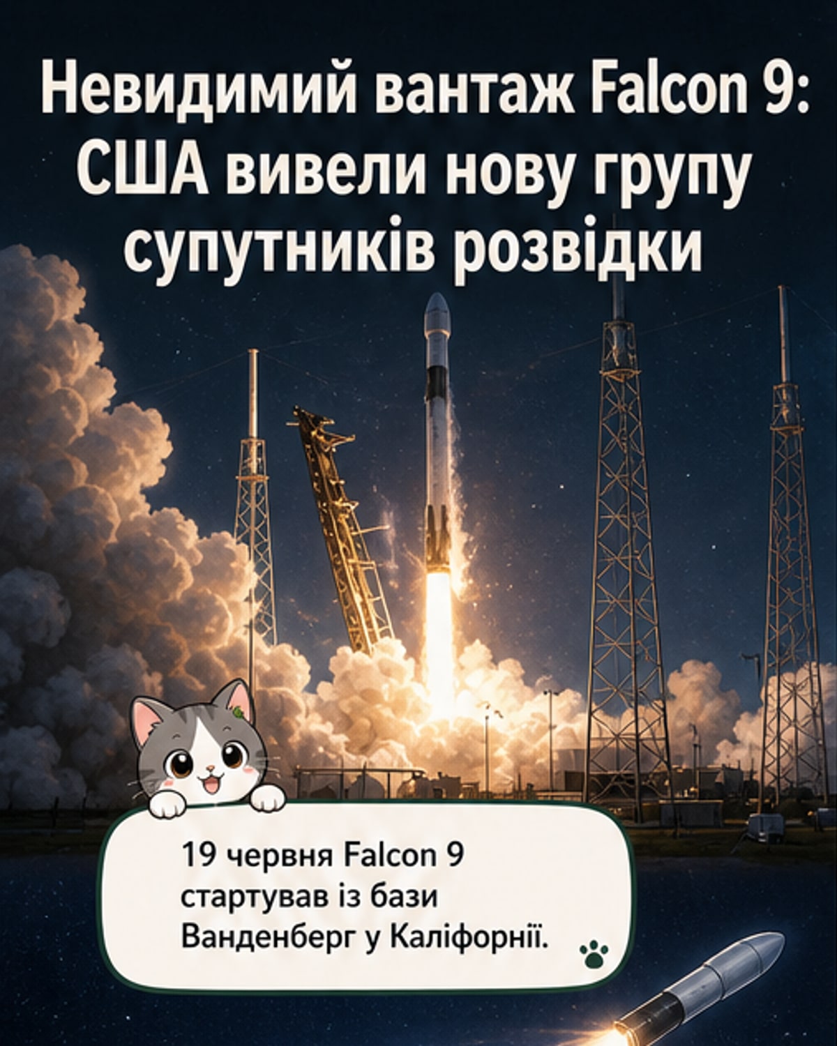 Ілюстративне фото: ракета Falcon 9 піднімається в небо вночі з космодрому Ванденберг, на тлі — зірне небо та слід полум’яного хвоста.
