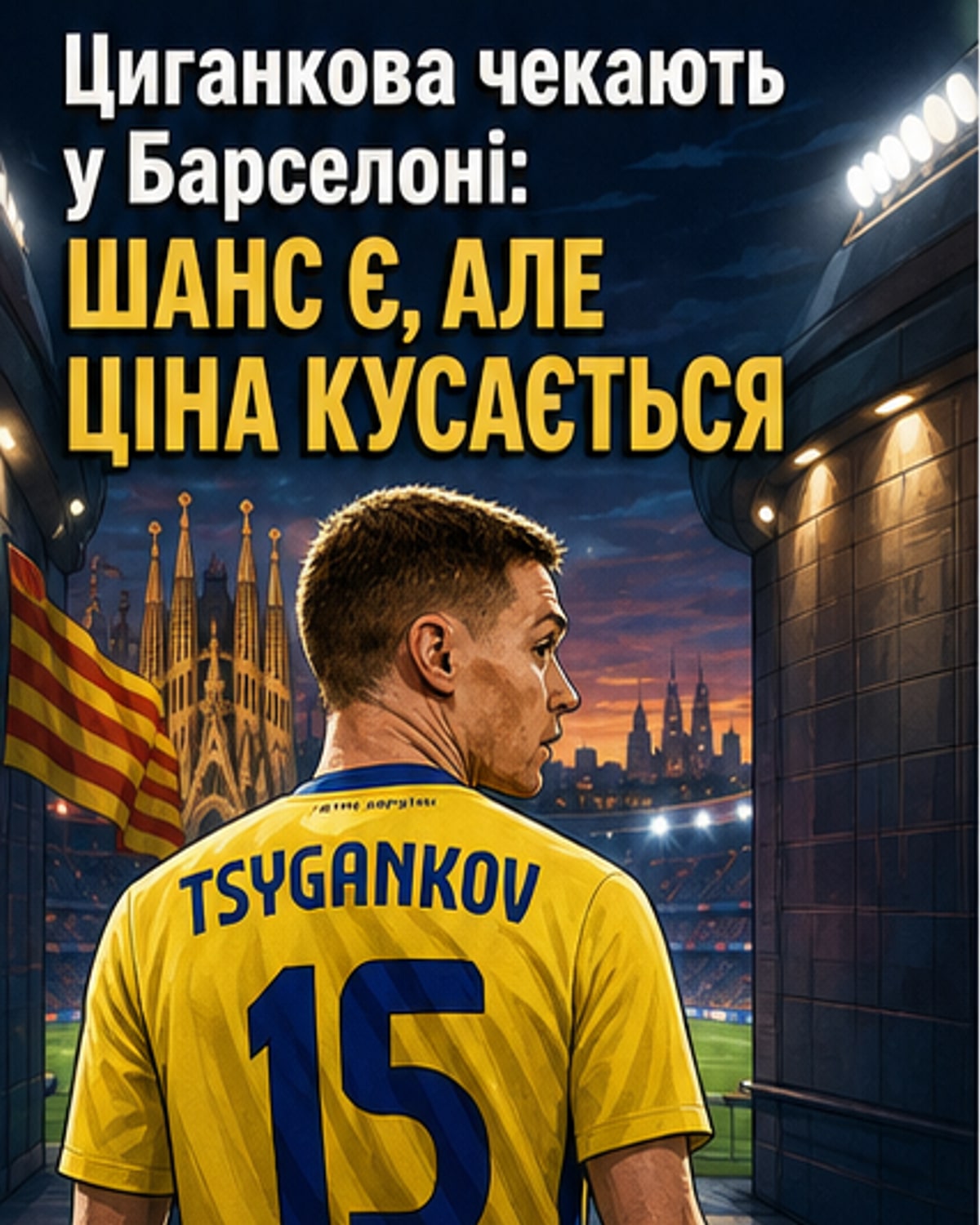 Футболіст Віктор Циганков у формі збірної України стоїть на фоні стадіону, зліва — логотип «Еспаньола», справа — силует міста Барселони