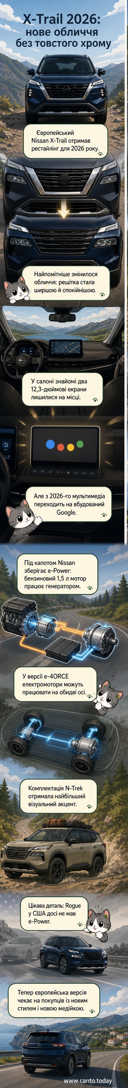 Рештайлінговий Nissan X-Trail 2026 року на фоні природного ландшафту, вид спереду з новою решіткою V-Motion без хромового обрамлення