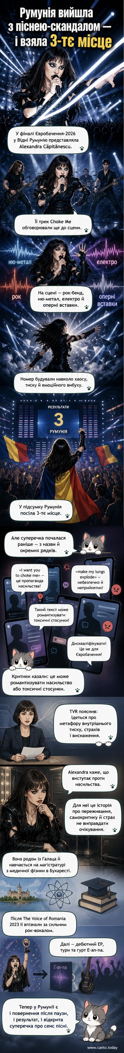 Співачка Alexandra Căpitănescu на сцені «Євробачення-2026» у темному образі з агресивним макіяжем, за нею — рок-бенд і драматичне світлове оформлення.