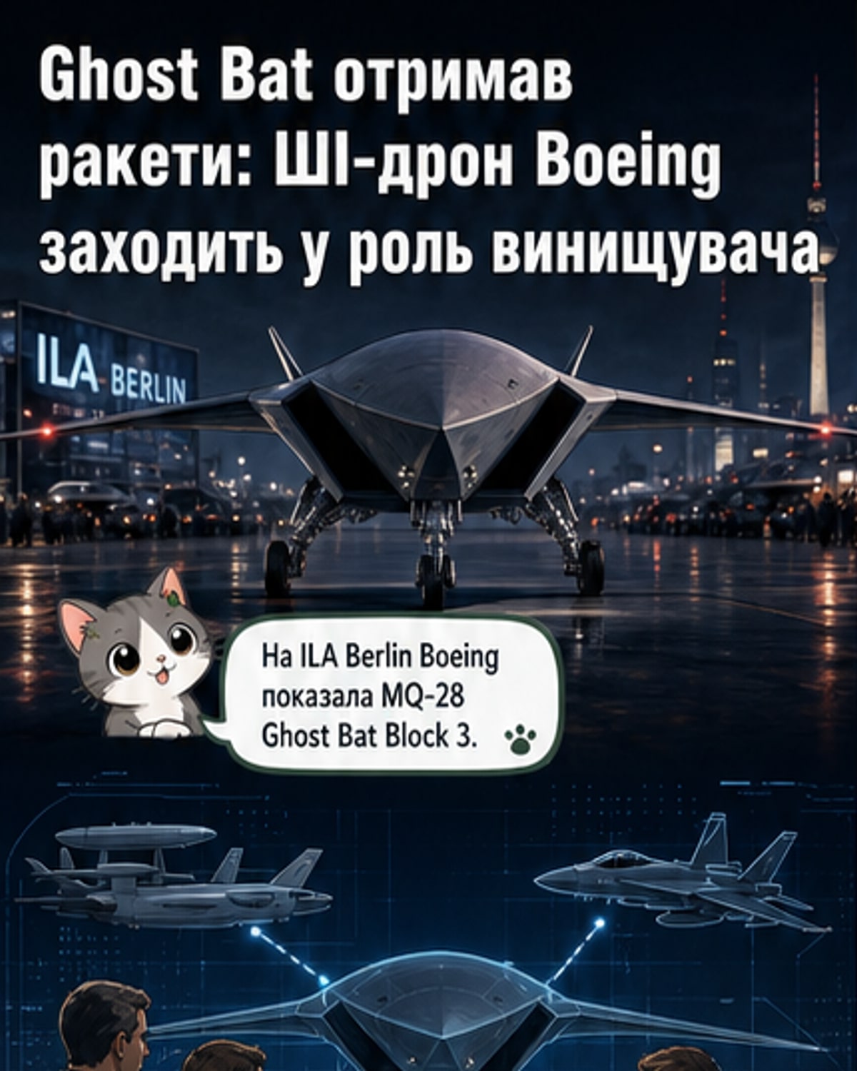 Чорний безпілотний літак MQ-28 Ghost Bat Block 3 на тлі авіавиставки, із позначками внутрішніх відсіків для ракет