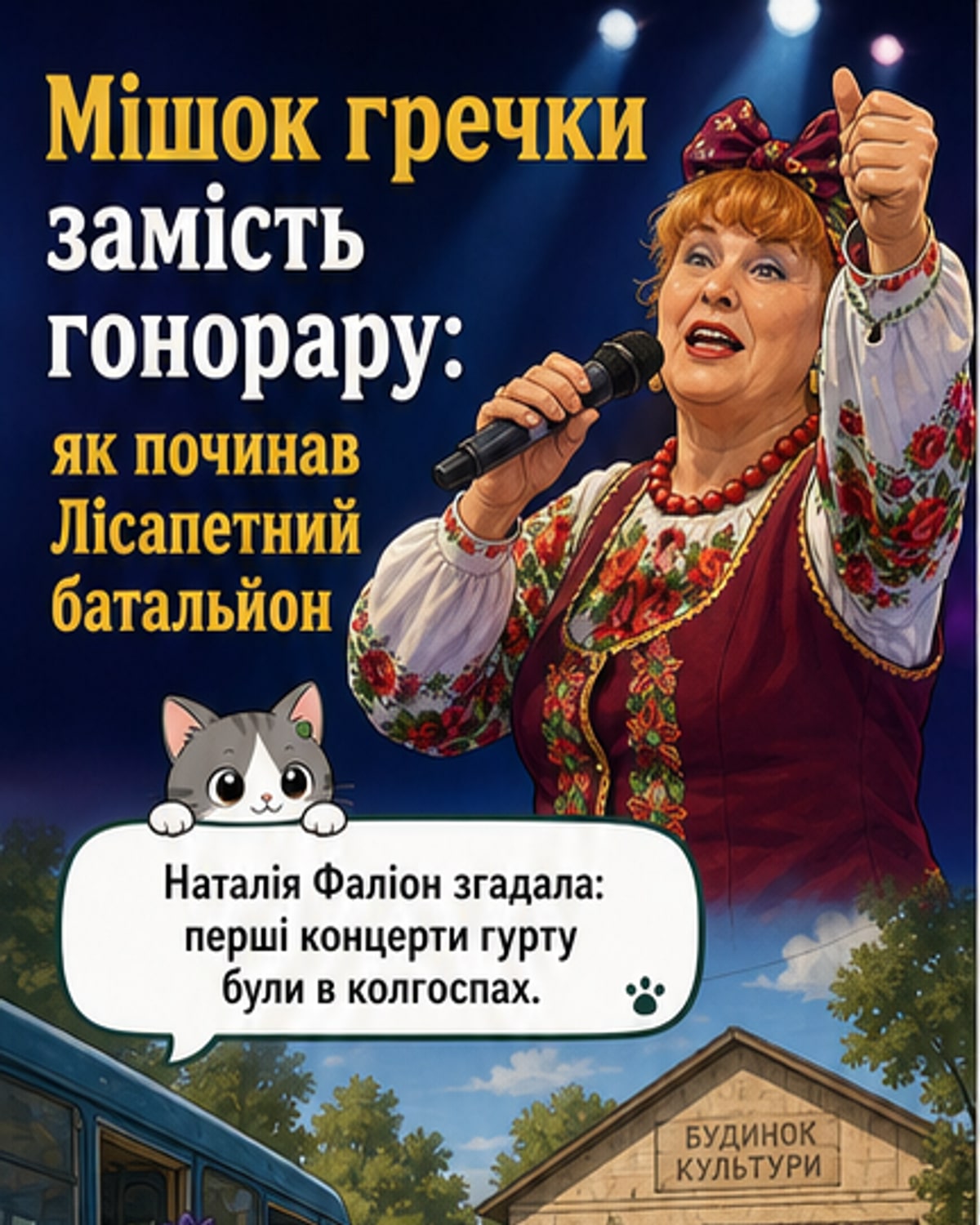 Солістка гурту «Лісапетний батальйон» Наталія Фаліон на сцені, тло — сільський колгосп, символічно показано мішок гречки замість грошей