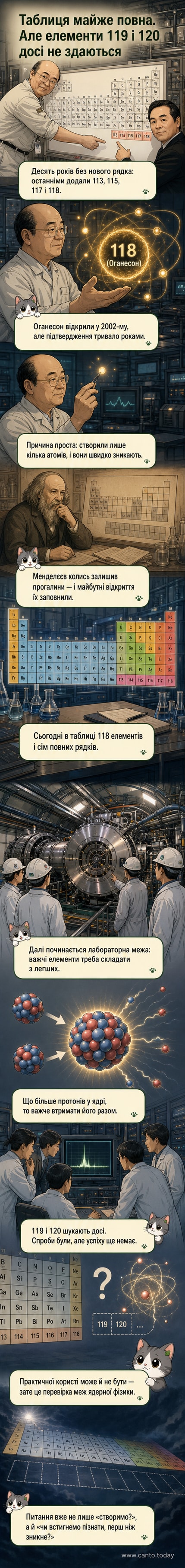 Анімована періодична таблиця з пульсуючими комірками, що підкреслює елементи 119 та 120 як майбутні цілі науковців