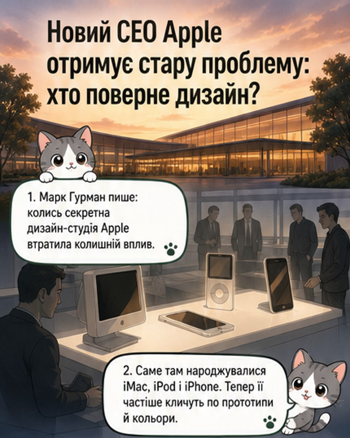 Схематичне зображення еволюції дизайну продуктів Apple: від яскравих iMac до сучасних тонких iPhone, з тінню нової команди інженерів навколо