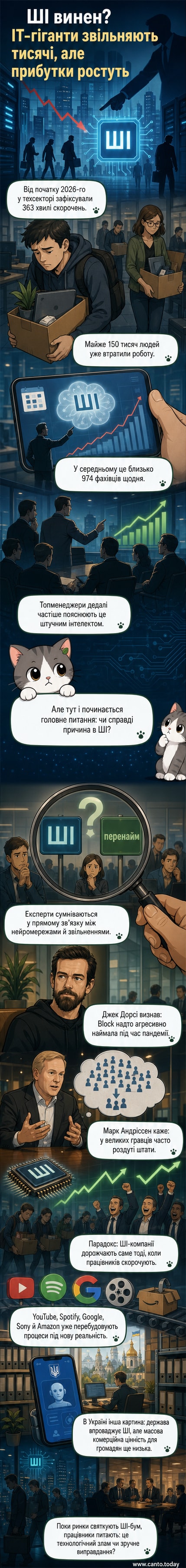 Ілюстрація: працівник IT-компанії отримує повідомлення про звільнення, на екрані — логотип ШІ-системи