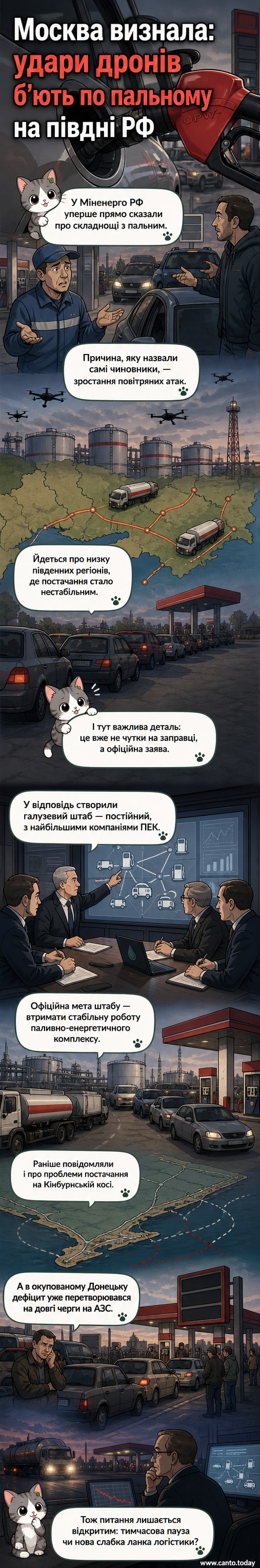 Ілюстрація: російська АЗС з довгою чергою машин, на фоні — дрони в небі, символізуючі атаки на паливну інфраструктуру.