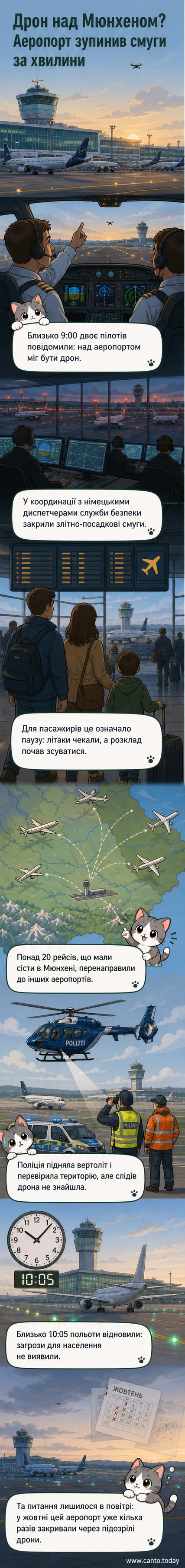 Ілюстрація: аеропорт Мюнхена, літаки на злітно-посадковій смузі, у небі — силует дрона